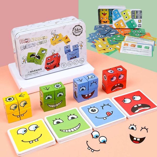 Novo cubo de rosto mudando blocos de construção jogo de tabuleiro dos desenhos animados quebra-cabeça montessori brinquedos nível de madeira jogo pensando desafio crianças brinquedos