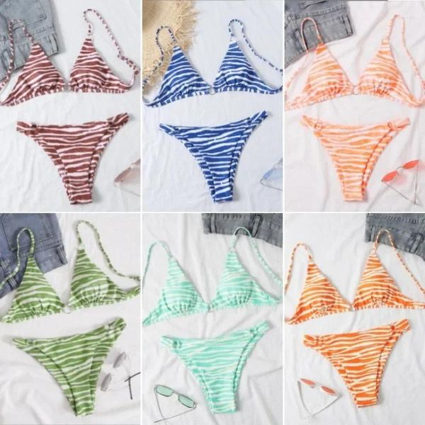 Mulheres Swimwear 2023 Maiô Europeu e Americano com Almofada de Peito Listrado Split Sexy Bikini