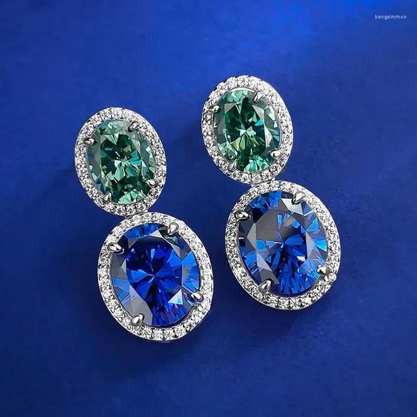Brincos pendurados oval safira esmeralda diamante brinco real 925 prata esterlina gota de casamento para mulheres jóias de noiva presente