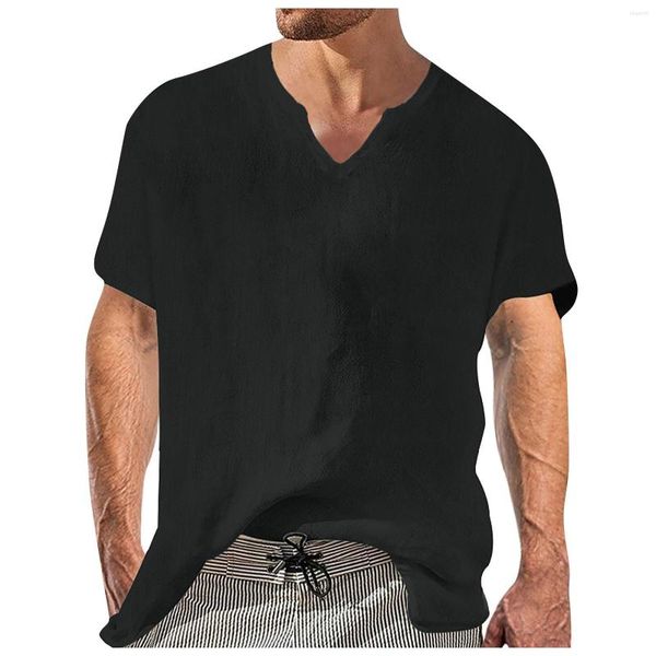 T-shirt da uomo 2023 T-shirt da uomo in cotone e lino Estate V senza colletto manica corta tinta unita Beachwear Office Man Tee Shirt Top