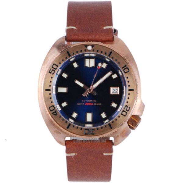 Relógio masculino 45mm cristal de vidro safira cusn8 bronze caso tartaruga japão nh35 movimento automático pulseira de couro luminosa