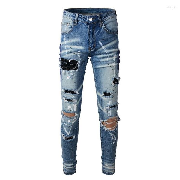 Herrenjeans #A563 Distressed Stones Patches Crystal Oiled Paint Aushöhlen Slim Stretch Patch Work Washed Blue Denim W 28-40