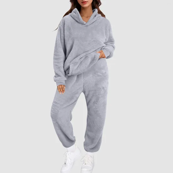 Damen Zweiteilige Hose Damen 2 Outfits Hoodie Sweatsuit Sets Slim Baggy Herbstmode Jogginghose mit Taschen Kunstwolle lang