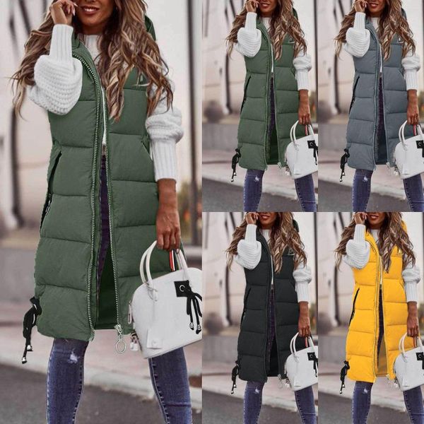 Coletes femininas casaco casual para mulheres outono inverno sólido com capuz colete zíper bolso solto sem mangas jaquetas longas chaquetas quentes