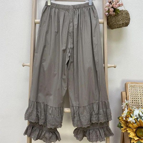 Calças femininas japão mori menina renda camada bordado sólido perna larga branca cintura elástica casual lolita calças capris pantalones mujer