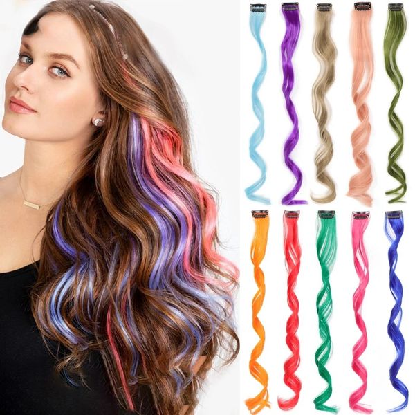 Frete grátis para novos itens de moda em estoque clipe de cor sintética One peças Ondas grandes com extensões de cabelo de arco -íris de cabelo encaracolado