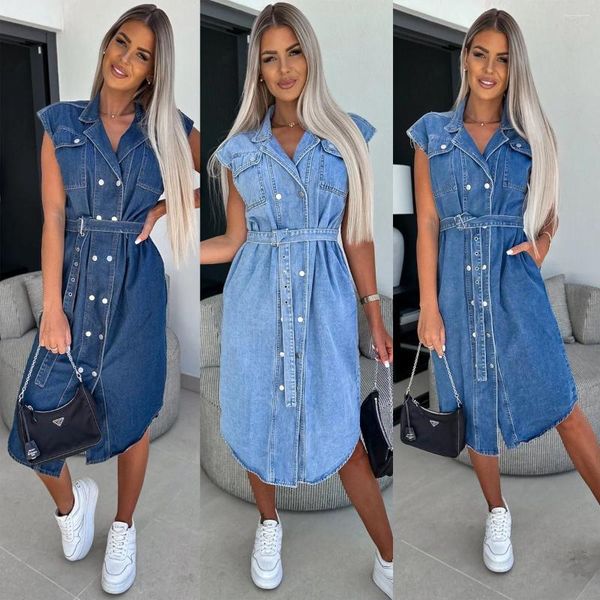 Abiti casual Abito camicia Denim 2023 Jeans Donna Colletto rovesciato Manica a lanterna Abiti larghi monopetto A Line