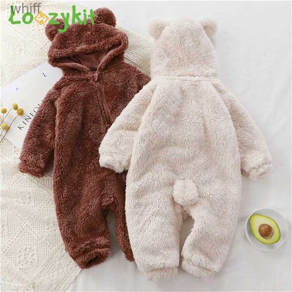 Handtücher Roben Winter Warm Baby Strampler Korallen Fleece Cartoon Bär Mit Kapuze Jungen Mädchen Neugeborenen Overall Kleidung Weiche Pyjama Overalls 0-5YL231123