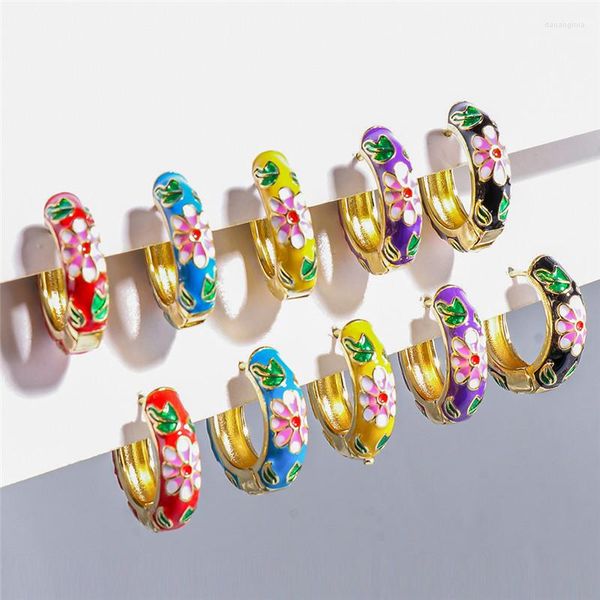 Creolen Großhandel Mode Bunte Blume Emaille Kleine Gold Metall Geometrische Kreis Huggie Für Frauen Charme Schmuck