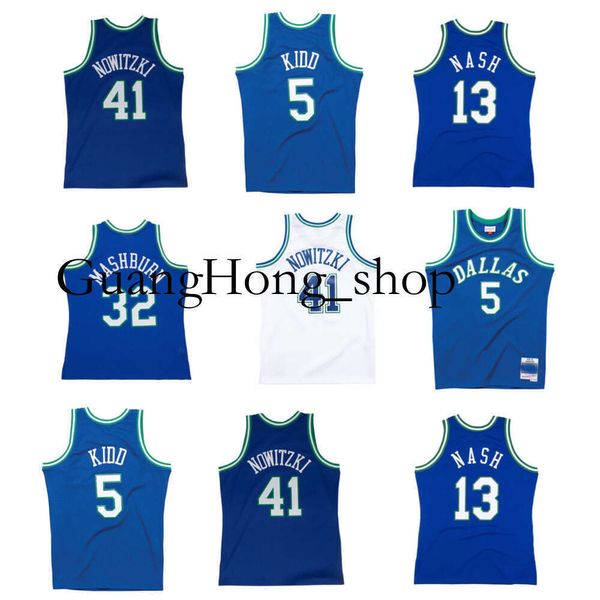 S GH Dirk Nowitzki Maverick Maglia da basket Dalla Jason Kidd Steve Nash Jamal Mashburn Mitch e Ness Ritorno al passato Blu Bianco Taglia S-XXL