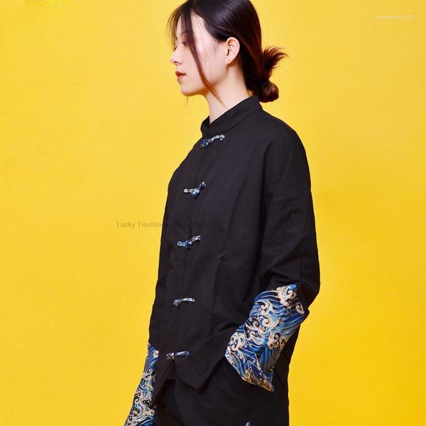 Abbigliamento etnico Top in stile cinese Primavera e autunno Stampa a bottoni Manica lunga Colletto rialzato Camicia Coppia Tangsuits unisex Abbigliamento alla moda