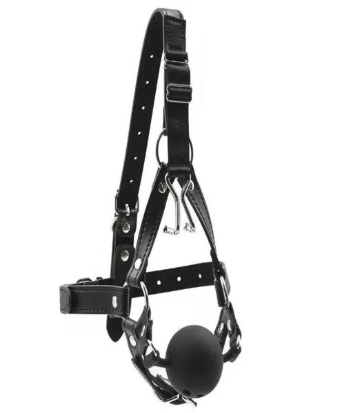 Bondage Ledergeschirr Offener Mund Ballknebel Edelstahl Nasenhaken Gerät Erwachsene Leidenschaft Flirten BDSM Sexspiele Produkt Toy5402424