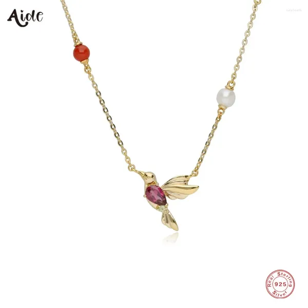 Pendants Aide 925 Sterling Silber Rose Red Zirkon Kolibri Anhänger Halsketten für Frauen 18K vergoldete Kette Vögel Charm Halsband