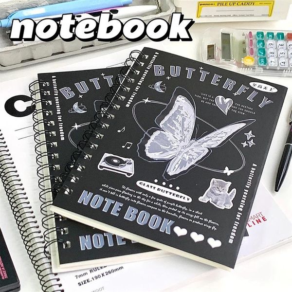 50sheets A5 Notebook Black Basit Ins Style Retro Kapak Bobin Güzel Karikatür Yatay Hat Dergi Scrapbook Öğrenci Malzemeleri