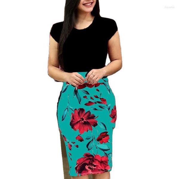 Lässige Kleider 2023 Frühlings-Sommer-Color-Blocking-Blumen-Hüfte-Wickelkleid für Frauen