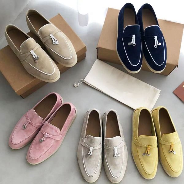 Tasarımcılar Erkek Kadın Lp Elbise Ayakkabı En Kalite Loro Deerskin Kadın Piyanalar Loafers Klasik Metal Düğmeleri Yuvarlak Moda Düz Sneaker Leisure Walk Alışveriş Lady Shoe