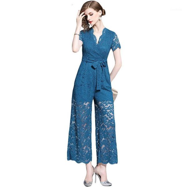 Tute da donna Pagliaccetti Blu Manica corta Scollo a V Scava fuori Pizzo Tuta da donna Estate Office Lady Elegante Vita alta Gamba larga Sexy con