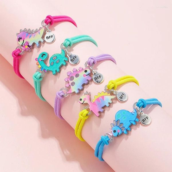 Braccialetti con ciondoli 5 pezzi/set simpatico cartone animato dinosauro braccialetto acrilico in corda elasticizzata per ragazze fascia per capelli uso regalo di compleanno per feste