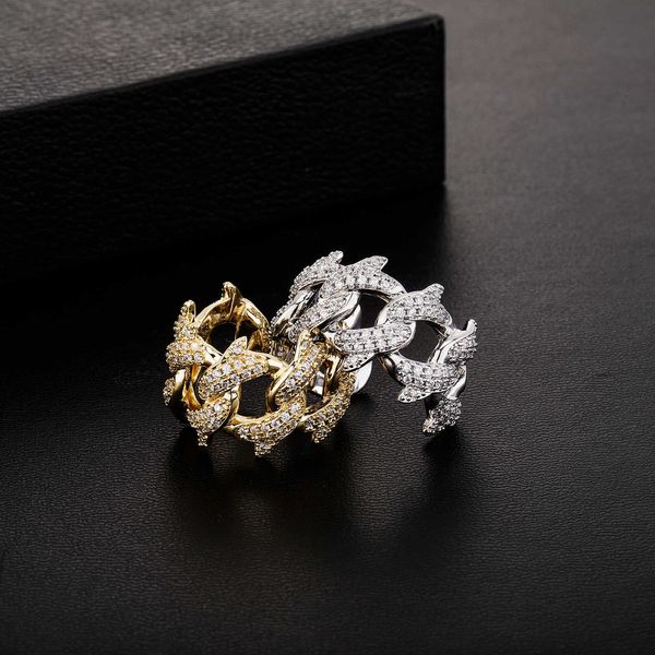 Thorn Bubble Kubanische Kette Offener Manschettenring Herren Verstellbarer Iced Out Zirkonia Hip Hop Punk Rock Fingerringe Band Täglicher Straßenschmuck 18 Karat vergoldetes Zubehör