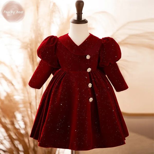 Mädchens Kleider geboren Baby Girl Prinzessin Weihnachtsfest Red Puff Ärmel Kleinkind glänzend Vintage Winterabendkleid Bow 12m 10y 231123