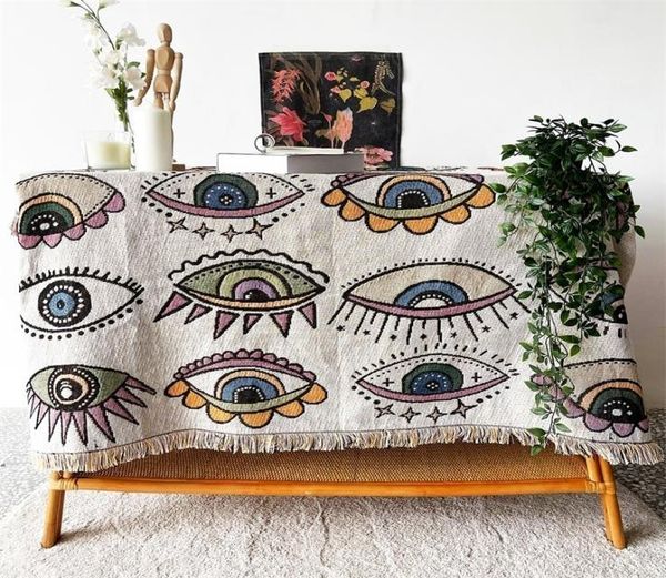 Yaapeet Evil Eyes manta de malha de algodão para sofá capa de sofá com peso de olho de demônio tapeçaria boêmia borla boho decoração de parede tapete de piquenique 23887292