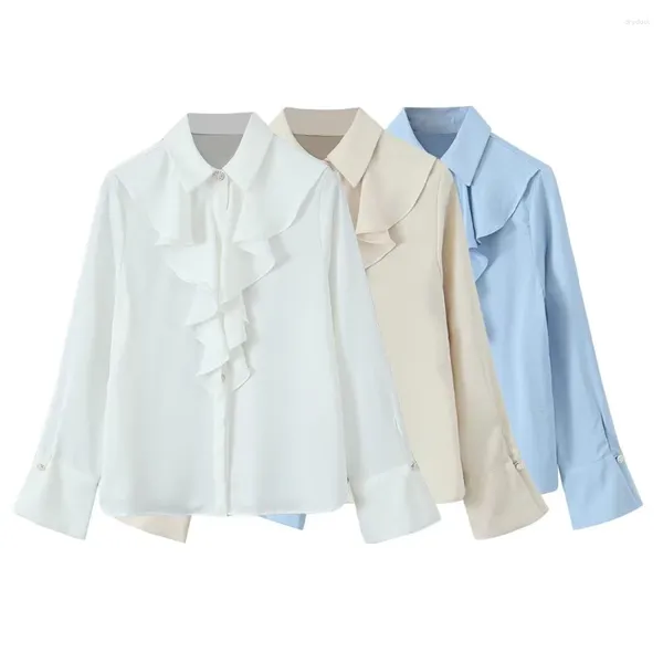 Blusas femininas outono moda versátil ol estilo elegante pérola botão plissado guarnição chique peito em camadas camisa decorativa 7969230