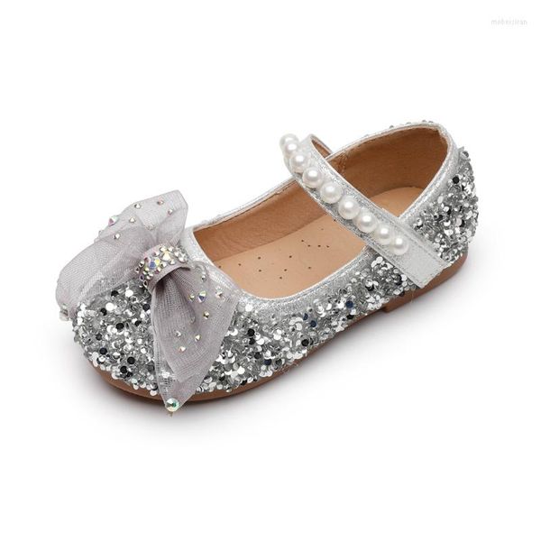 Vestido de festa de dança de couro de meninas para crianças Princesa Rhinestone Glitter Pérolas de miçanos de arco-bêbado Kids Flats 23-34