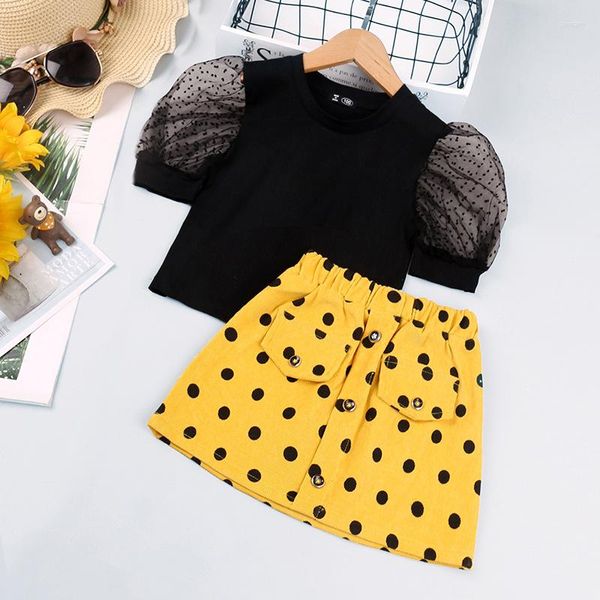 Kleidungssets 2-6 Jahre Kind Kleinkind Sommer Outfits Baby Mädchen Polka Dot Print Mesh Puffärmel Rundhals T-Shirt Knopfrock Kindermode