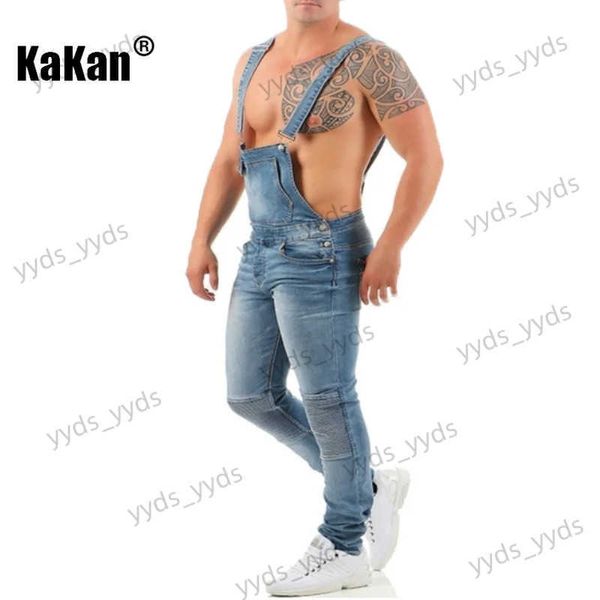 Jeans masculinos Kakan - Novos jeans suspensos masculinos europeus e americanos azul preto rasgado cor combinando macacão jeans longos K34-992 T231123