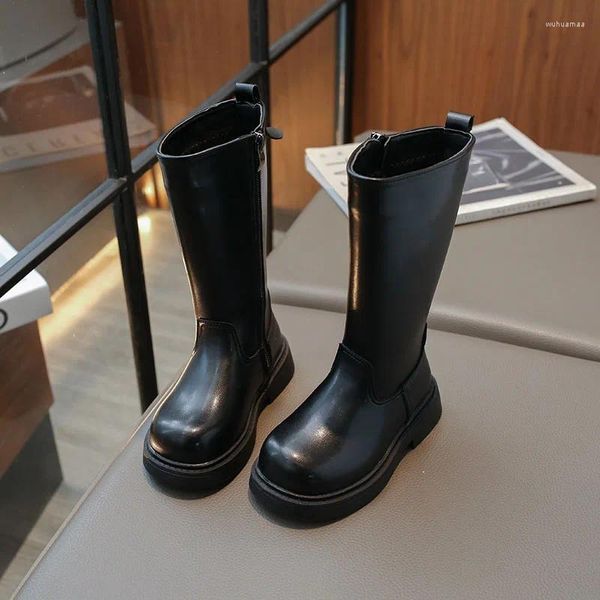 Stiefel Mädchen lange schwarze Pu-Leder-Plattform Plüsch trendige Kinder Winterstiefel Reißverschluss kniehohe hübsche stilvolle Kinderschuhe 26-36