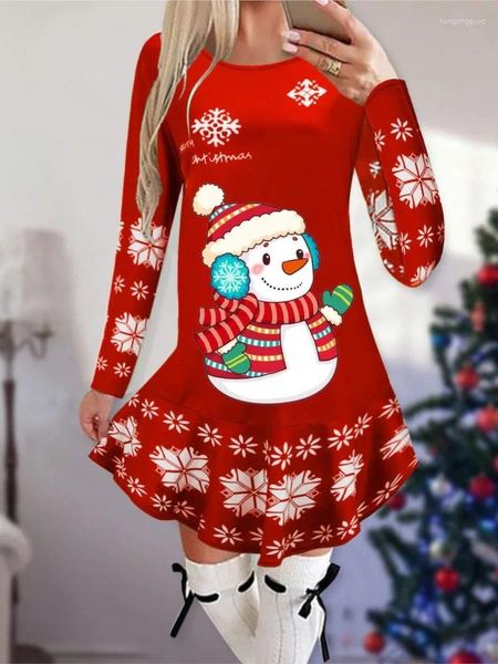 Abiti casual Natale fiocco di neve alce abito da festa vintage volant elegante manica lunga stampa inverno maglione da donna
