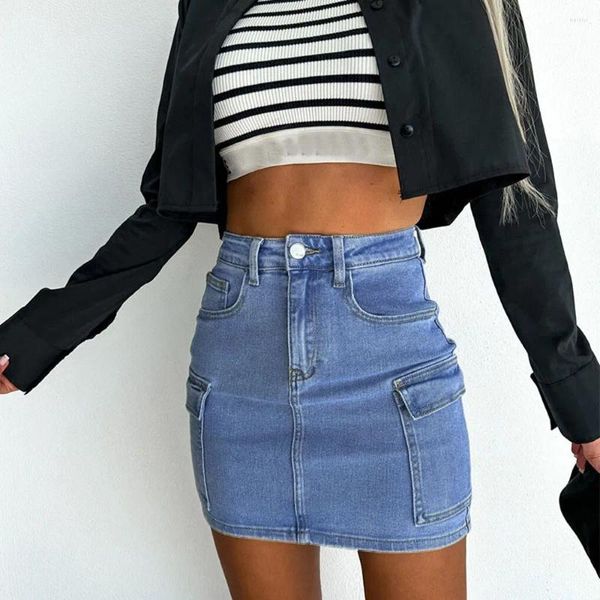 Saias mulheres denim saia com bolsos em linha reta cintura alta sexy meninas magro básico mini apertado chique streetwear