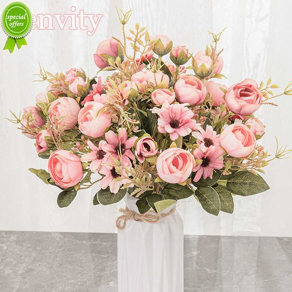 New Silk Rose Pink Bouquet di fiori artificiali Accessori in plastica di alta qualità Soggiorno per la casa Decorazione per la tavola di nozze Fiore finto