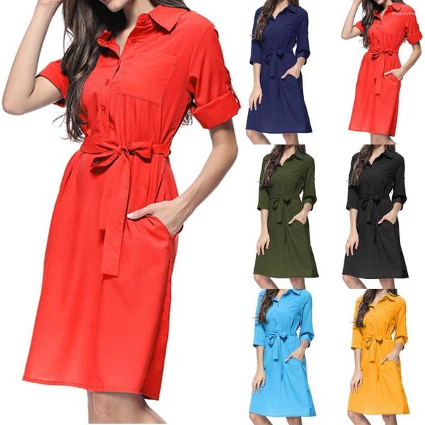 Vestidos casuais vestido de camisa longa e longa e descendo os botões de colarinho bolso de coloração sólida de cor sólida estilo vestidos feminino verão 2023