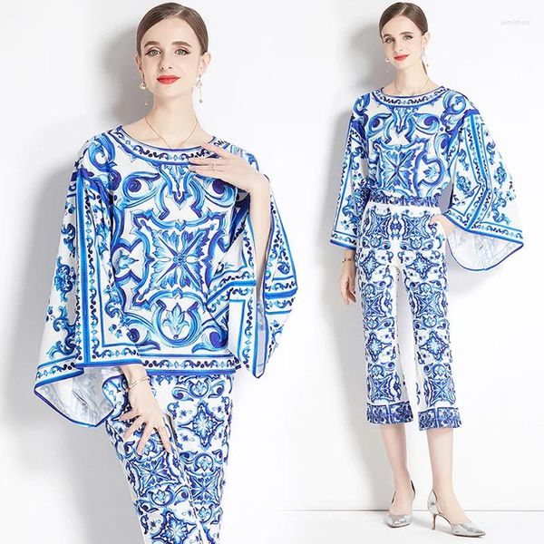 Women's Two Piece Pants Fashion Elegant 2 Set Women Summer Spring Flare Sleeve Beach Loose Top Blue And White Porcelain Print Pant Suits