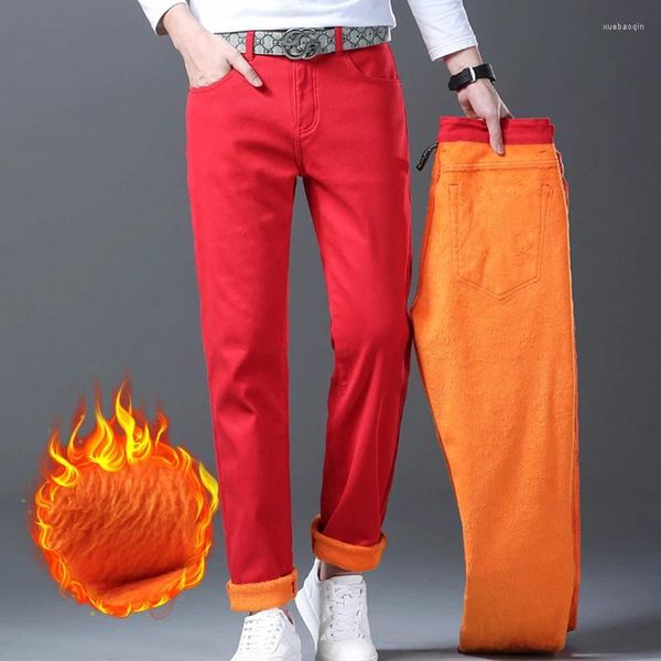 Jeans da uomo in pile invernale colore rosso moda pantaloni slim dritti pantaloni casual in denim elasticizzato di marca maschile autunno