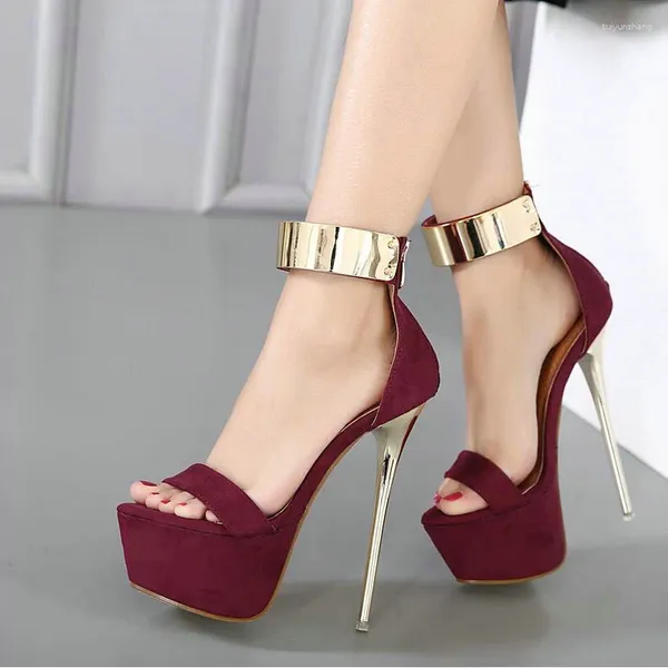 Elbise ayakkabıları maogu kırmızı gözetleme ayak parmağı süper yüksek topuk kaymaz kadınlar stiletto platform ince topuklu pompalar sandalet moda kadın sandal