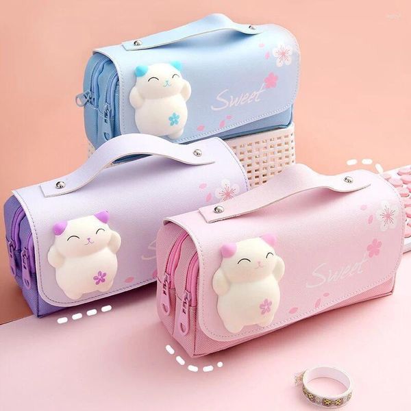 Kawaii alta capacidade escola lápis casos portátil caneta caixa de papelaria saco de armazenamento multi-camada bolsa suprimentos