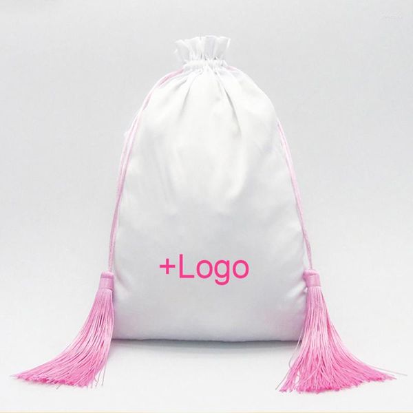 Brocada de presente 20pcs Logotipo personalizado sacos de cetim com borla Praque de pegada de seda bolsa embalagem