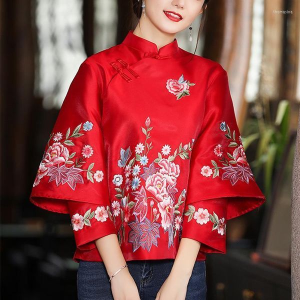 Ethnische Kleidung Jahr Tang-Anzug Top Dame Chinesischer Stil Stickerei Handknopf Hemdjacke Plus Größe Retro Satin Kurze Cheongsam Bluse