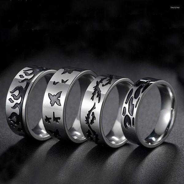 Cluster Ringe 2023 Mode Klassische Kühle Öl Tropfen Flamme Schmetterling Drachen Edelstahl 6/8mm Herren Ring Punk party Schmuck Geschenk