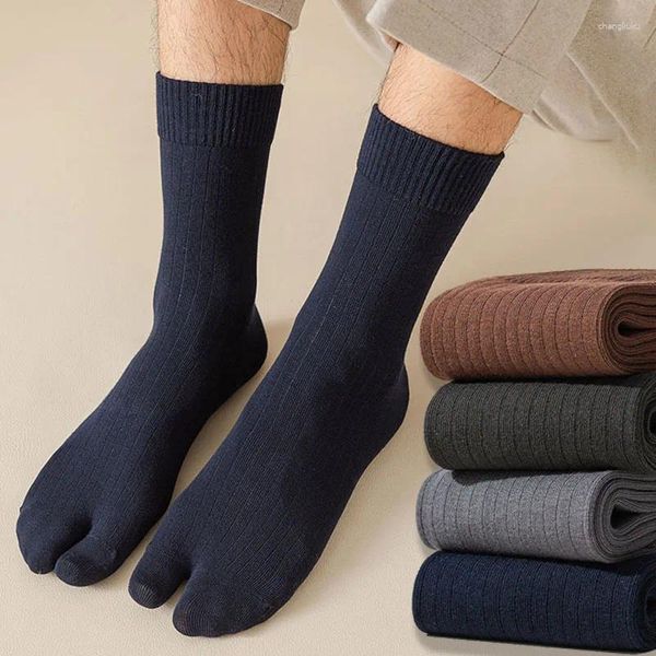 Meias masculinas 2 dedos flip flop sandália tubo médio cor sólida listrada divisão negócios casual algodão