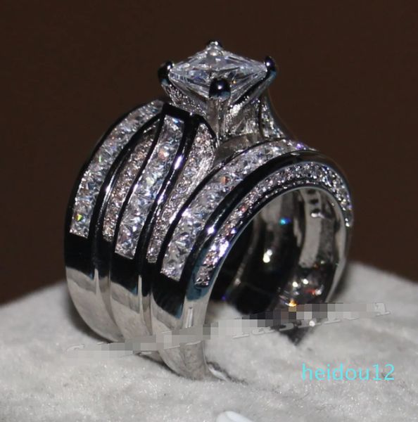 Vecalon joias finas corte de princesa diamante noivado conjunto de anel de casamento para mulheres anel de dedo cheio de ouro branco