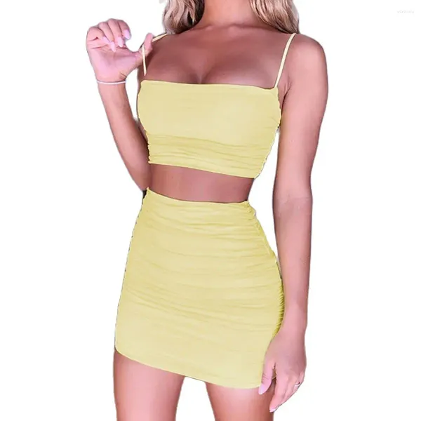 Arbeitskleider 2023 Sommer Sexy Frauen Gelb Schlinge Kurze Weste Mode Hohe Taille Faltete Schlank Wrap Hüfte Rock Zwei Stück Minirock Set