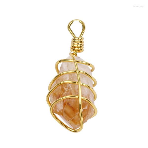 Anhänger Halsketten Ore Rock Natürliche Citrine Anhänger Drahtumwickelter Rohquarz Charms Unregelmäßiger gelber Kristallcluster Steinpendel Schmuck