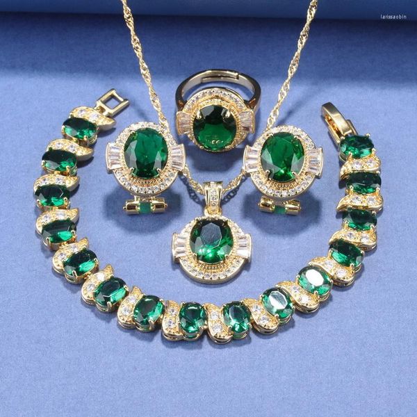Halskette Ohrringe Set 12-Farben Grün Zirkonia Clip und Modekostüm Italienisch Vergoldet Für Frauen Offener Ring