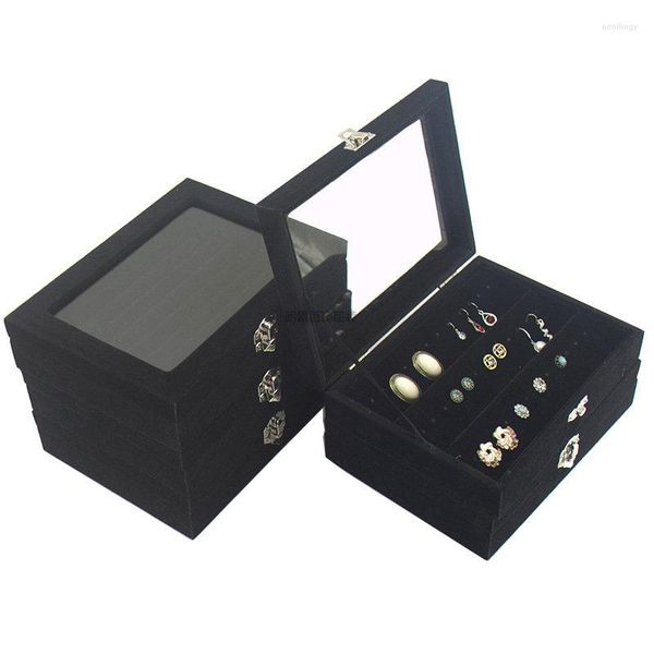 Bolsas de jóias pequenas estojos de transporte preto de veludo com tampa de vidro anel de tampa da caixa de exibição Brincos do organizador de armazenamento