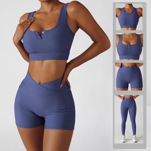 Conjunto ativo feminino fitness yoga conjunto de cores sólida com nervuras de duas peças Ginásio de ginástica de alto impacto Bra da cintura Leggings feminino Sportswear