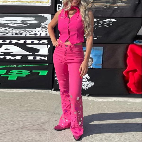 Женские брюки из двух предметов, женский однобортный сексуальный стиль, брючный костюм для косплея на Хэллоуин, брючный костюм со звездами для девочек, розовый жилет для ролевых игр, одежда для вечеринок
