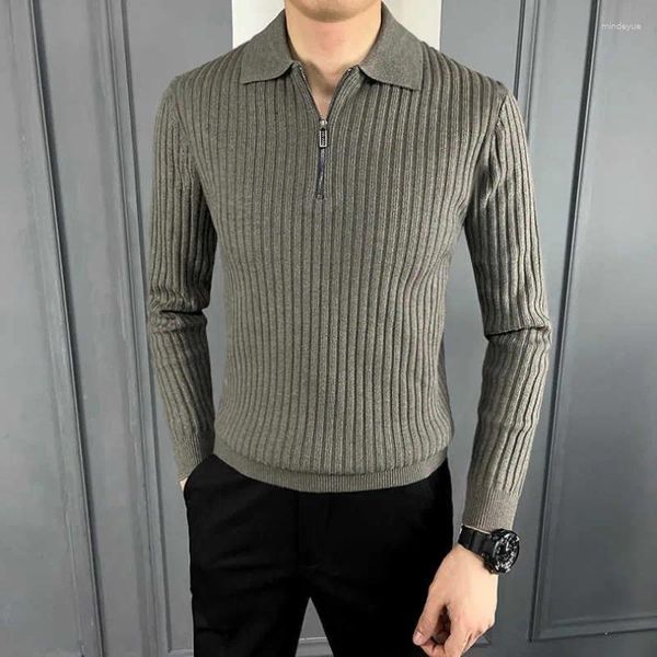 Suéter masculino outono inverno moda casual cor sólida pulôver polo pescoço meio zíper versátil manga comprida slim fit suéter de malha